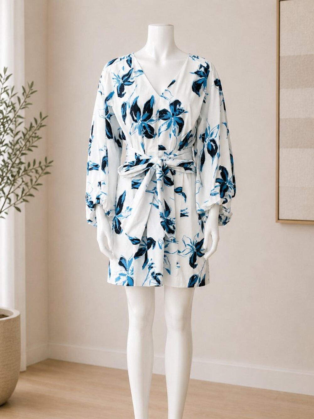 TANYA TAYLOR Blue/White Floral Wrap Mini Dress | NWT